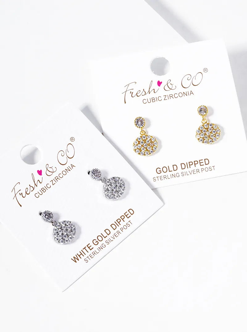 18K-Gold-Dipped CZ-Pave Oval Drop Dangle Post Earrings