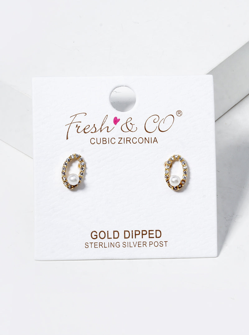 18K Gold Dipped CZ Pave Oval Pearl Post Stud Earrings