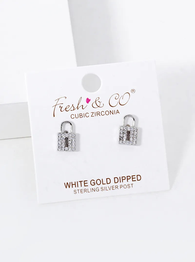 18K Gold Dipped CZ Pave Padlock Stud Earrings