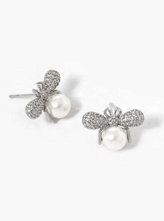 18K Gold Dipped CZ Pave Pearl Bumblebee Stud Earrings