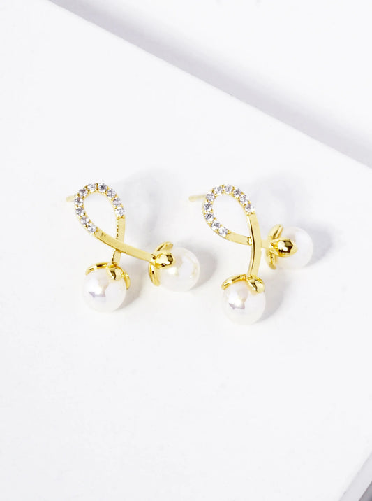 18K Gold Dipped CZ Pave Pearl Drop Cherry Shape Stud Earrings