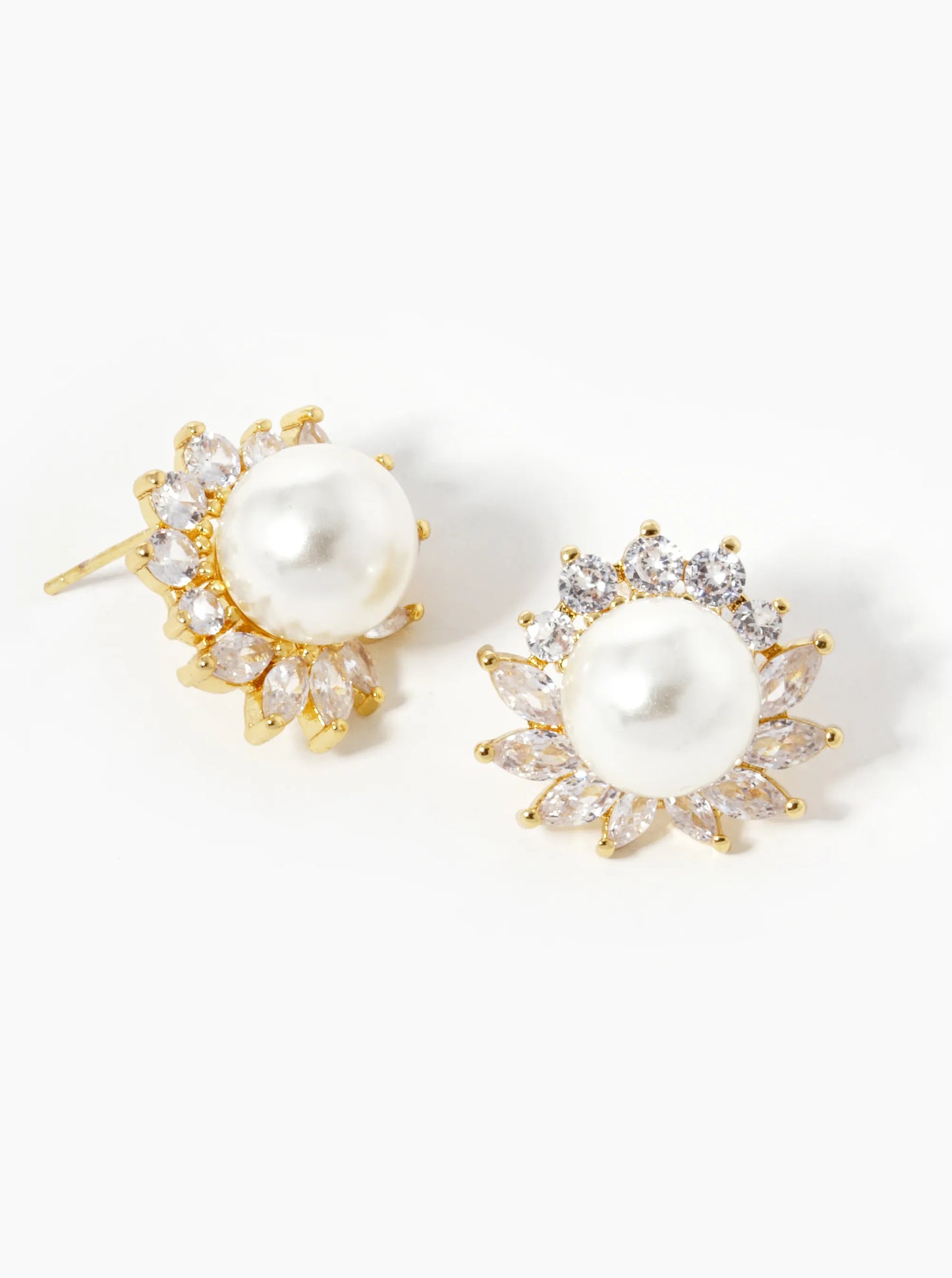 18K-Gold-Dipped CZ Pave Pearl Flower Stud Earrings
