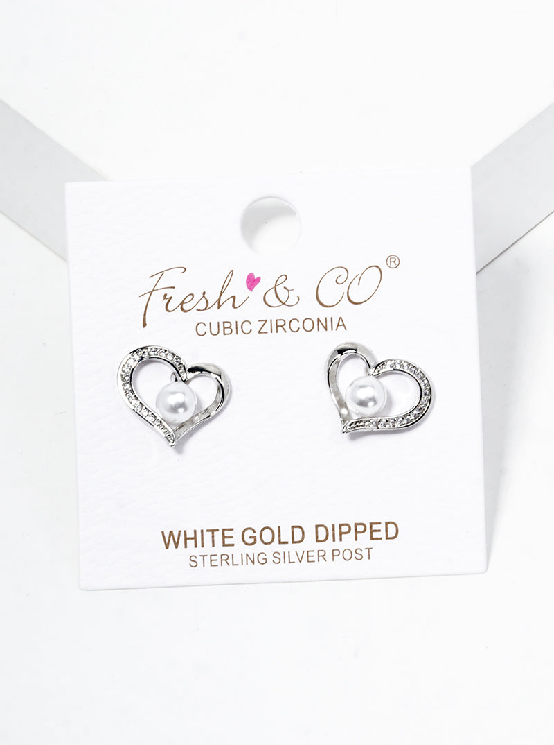 18K Gold Dipped CZ Pave Pearl Heart Post Stud Earrings