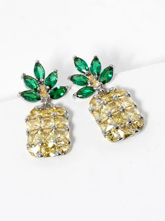 18K Gold Dipped CZ Pave Pineapple Dangle Drop Earrings