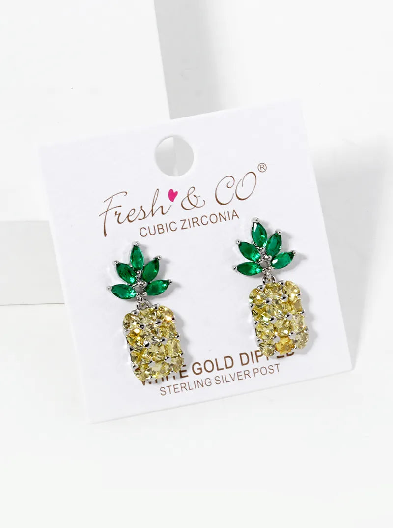 18K Gold Dipped CZ Pave Pineapple Dangle Drop Earrings