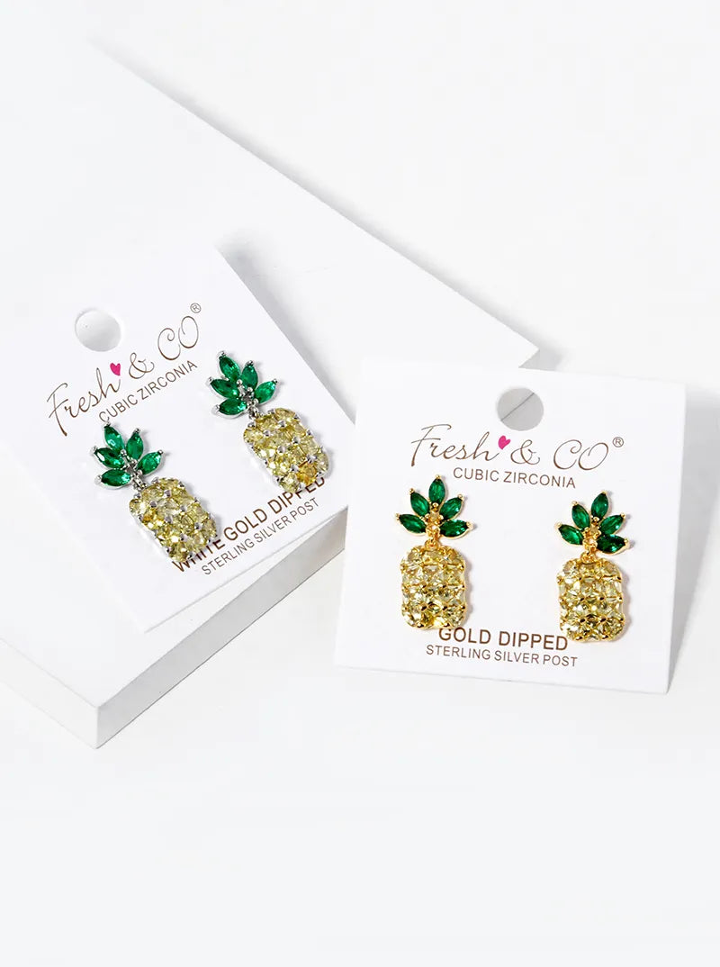 18K Gold Dipped CZ Pave Pineapple Dangle Drop Earrings