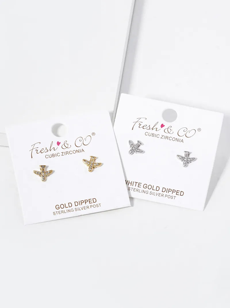 18K Gold Dipped CZ Pave Plane Stud Earrings