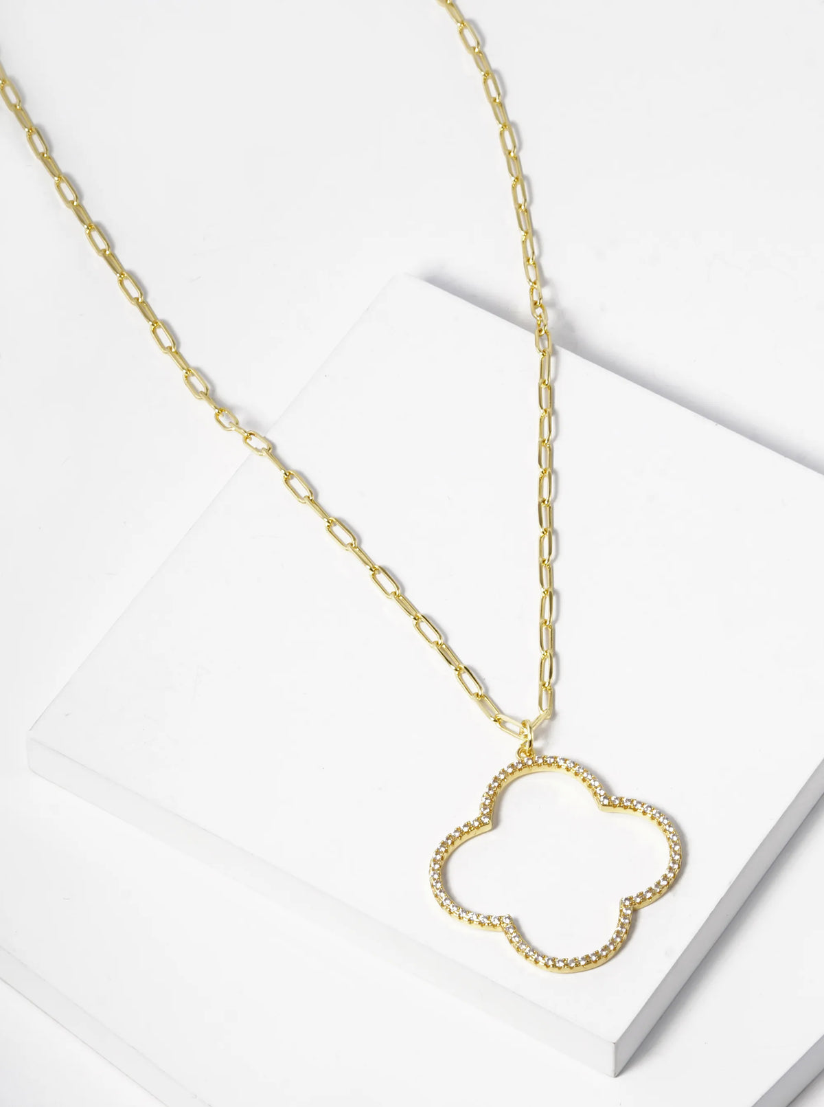 18K Gold Dipped CZ Pave Quatrefoil Pendant Necklace
