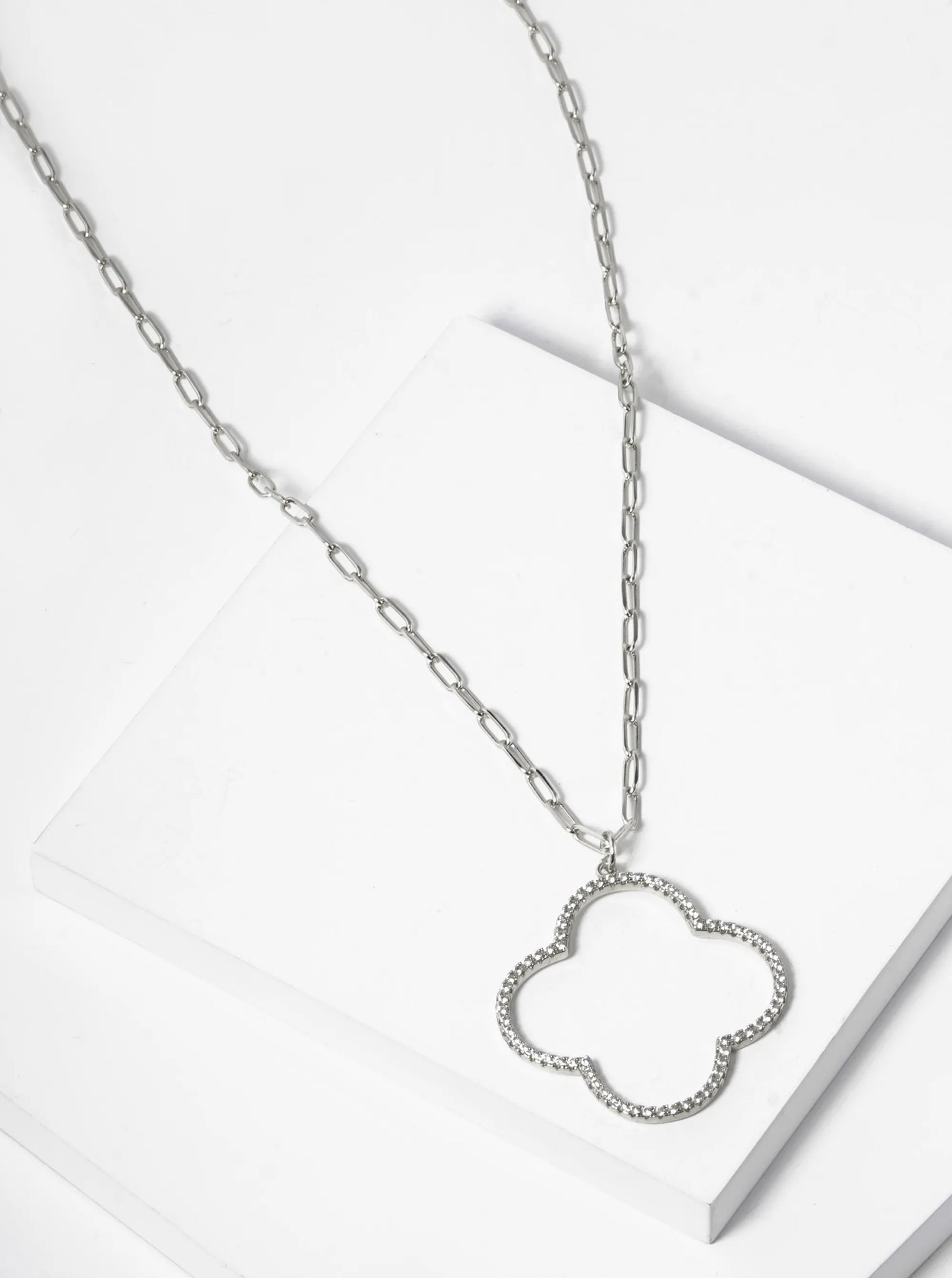 18K Gold Dipped CZ Pave Quatrefoil Pendant Necklace