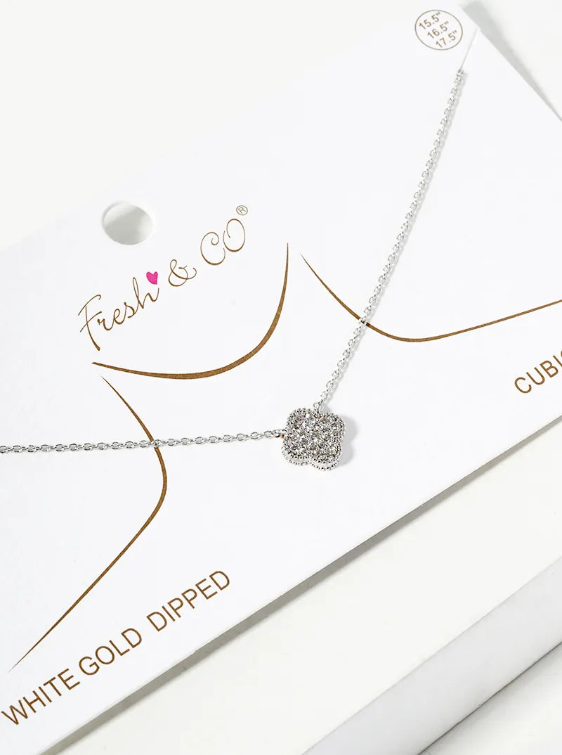 18K Gold Dipped CZ Pave Quatrefoil Pendant Necklace