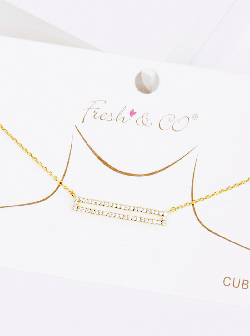 18K Gold Dipped CZ Pave Rectangle Pendant Delicate Necklace