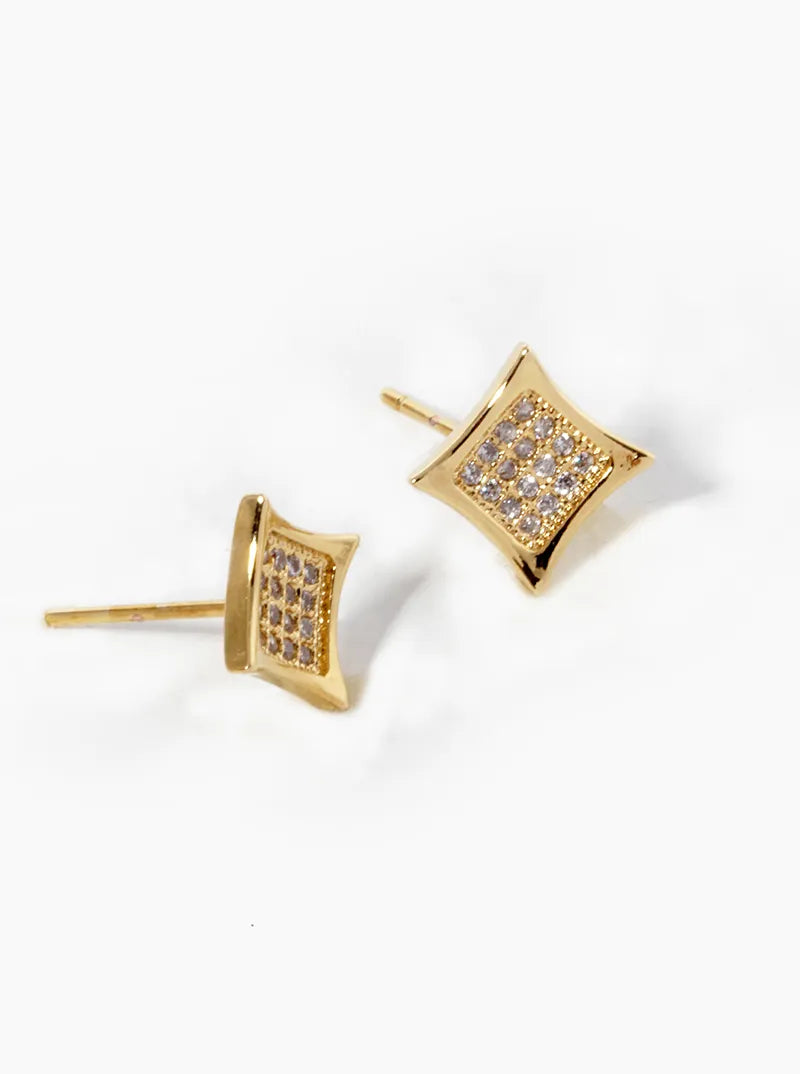 18K Gold Dipped CZ Pave Rhombus Shape Stud Earrings