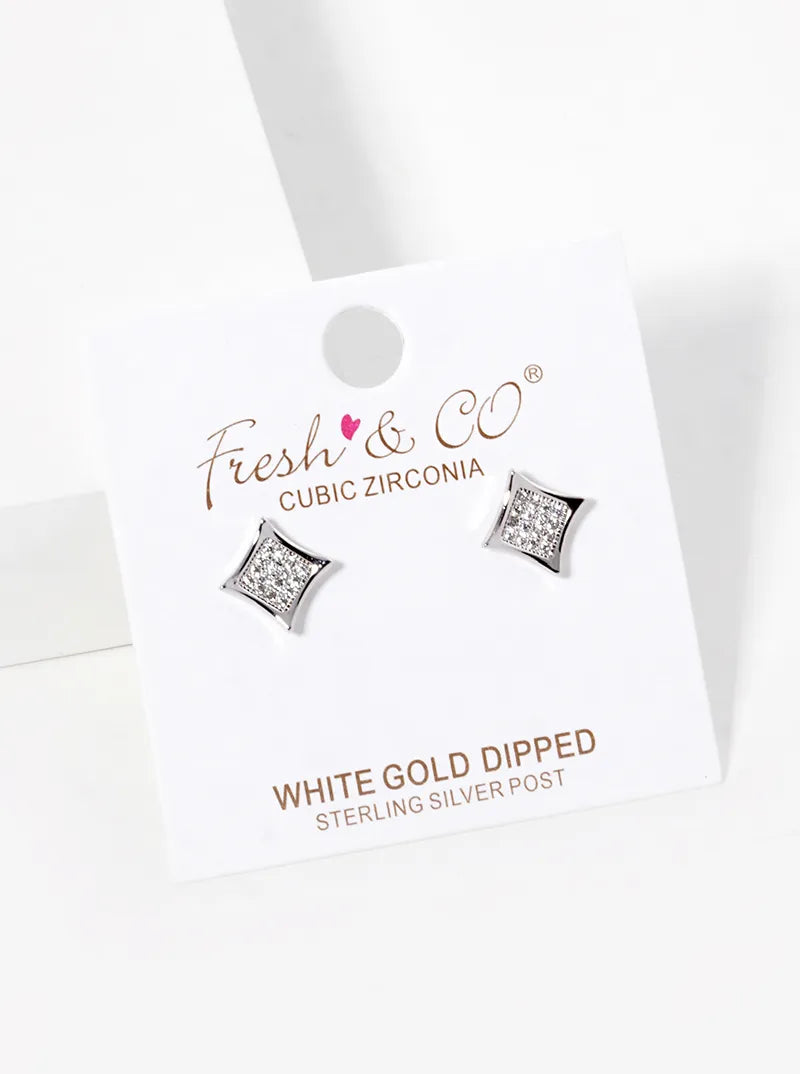18K Gold Dipped CZ Pave Rhombus Shape Stud Earrings