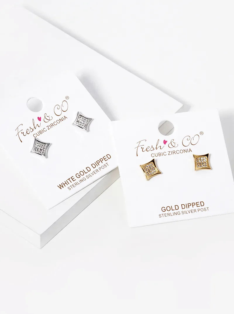 18K Gold Dipped CZ Pave Rhombus Shape Stud Earrings