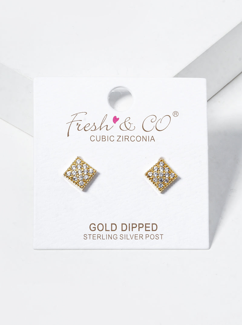 18K Gold Dipped CZ Pave Rhombus Stud Earrings