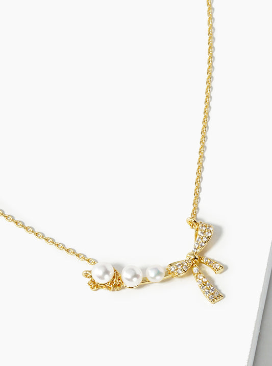 18K Gold Dipped CZ Pave Ribbon Bow Pearl Pendant Necklace