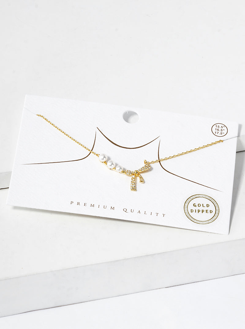18K Gold Dipped CZ Pave Ribbon Bow Pearl Pendant Necklace