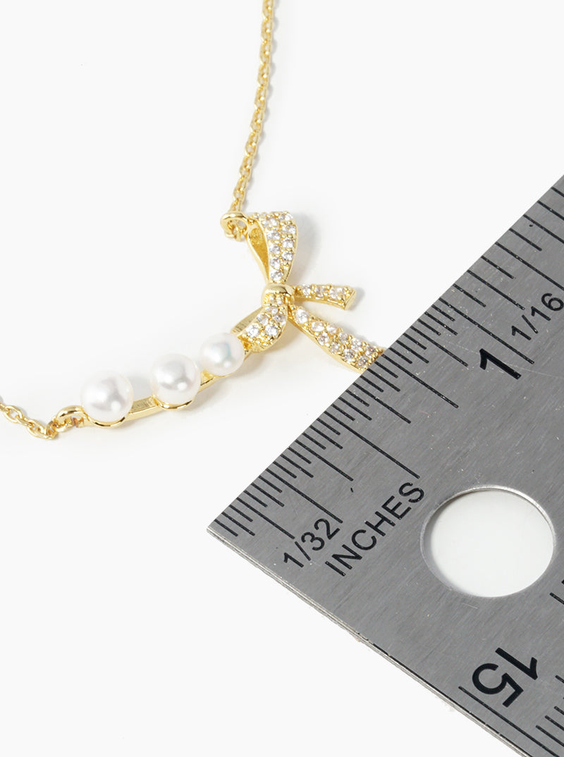 18K Gold Dipped CZ Pave Ribbon Bow Pearl Pendant Necklace