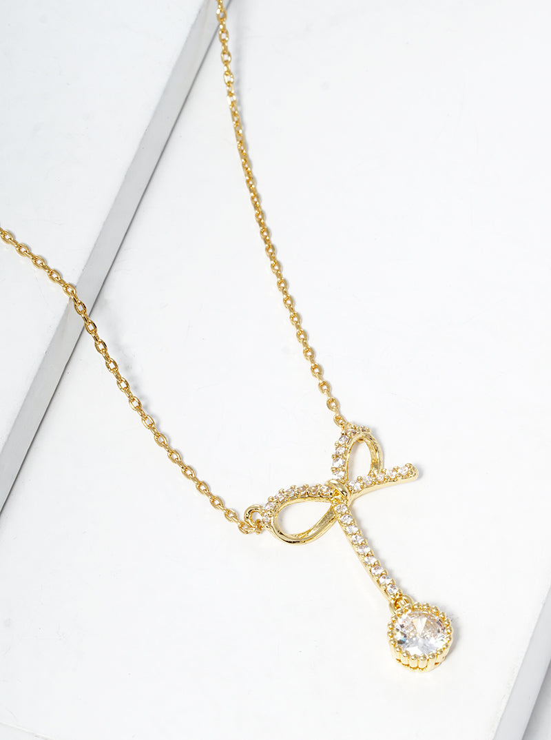 18K Gold Dipped CZ Pave Ribbon Bow Pendant Necklace