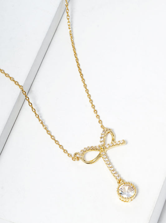 18K Gold Dipped CZ Pave Ribbon Bow Pendant Necklace