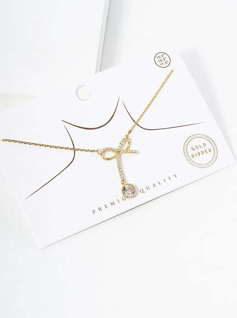 18K Gold Dipped CZ Pave Ribbon Bow Pendant Necklace