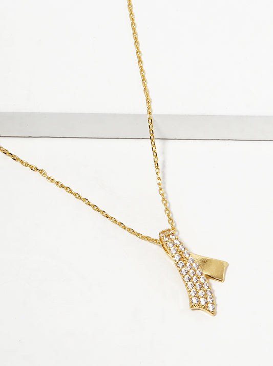 18K Gold Dipped CZ Pave Ribbon Bow Pendant Necklace
