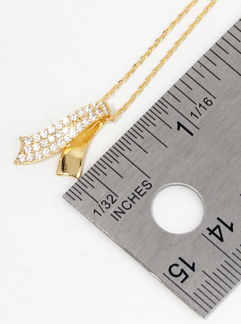 18K Gold Dipped CZ Pave Ribbon Bow Pendant Necklace