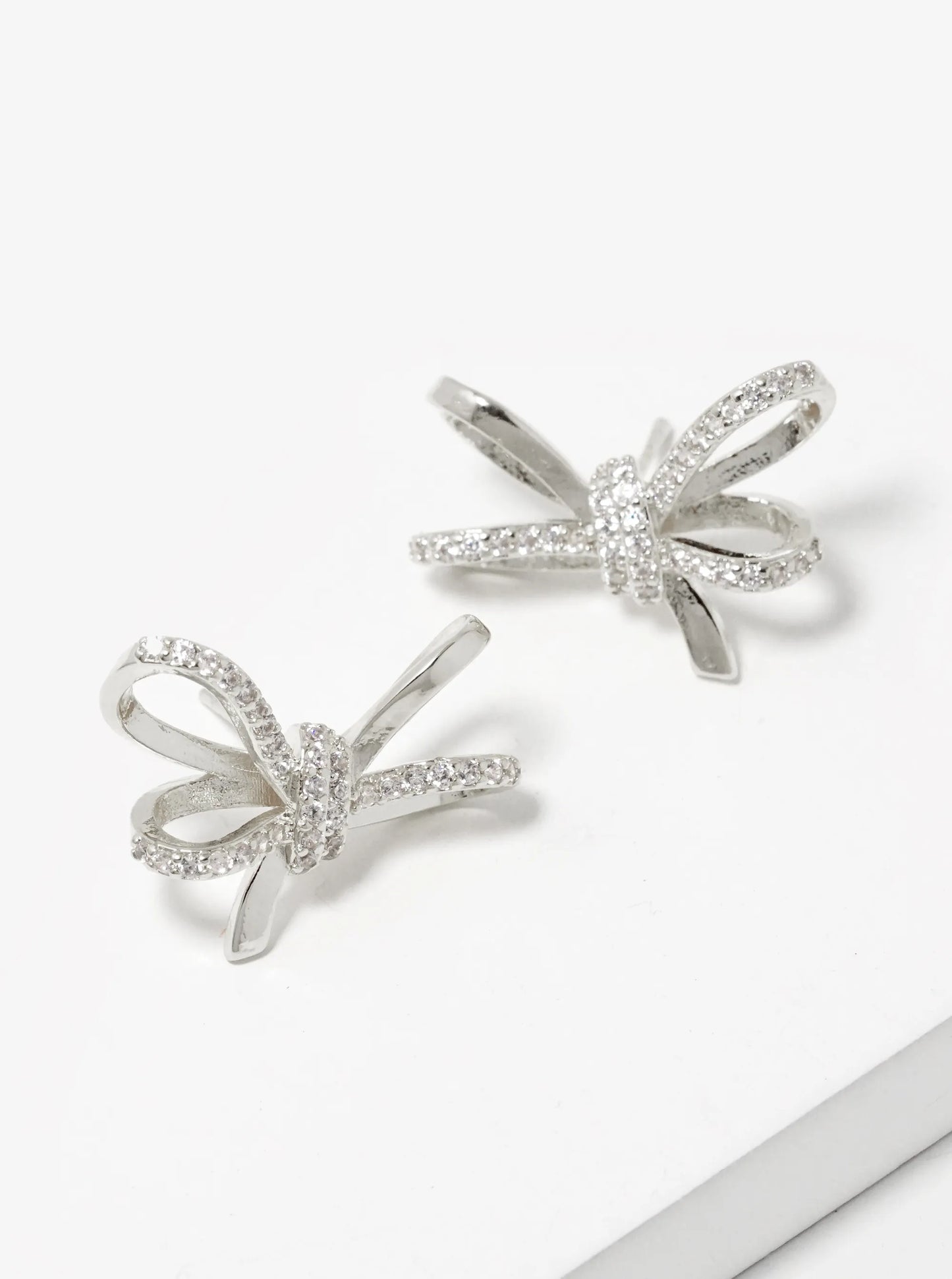 18K Gold Dipped CZ Pave Ribbon Bow Stud Earrings