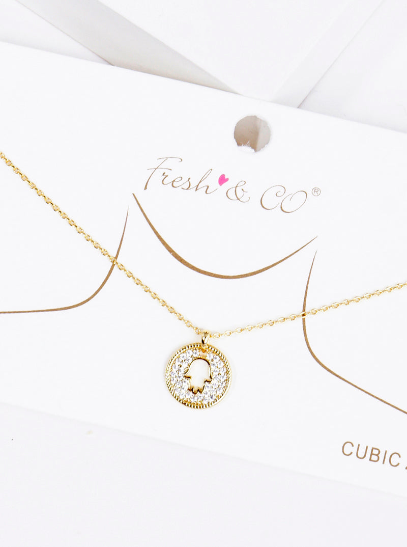 18K Gold Dipped CZ Pave Round Hamsa Pendant Necklace