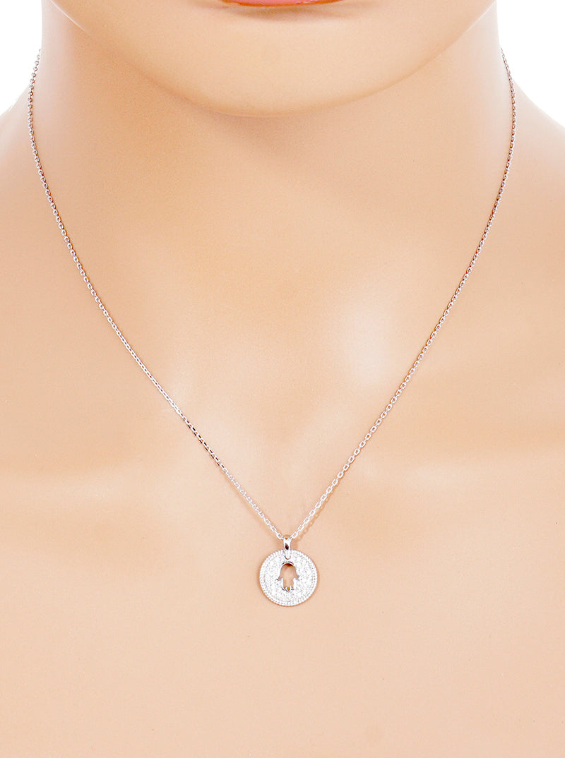 18K Gold Dipped CZ Pave Round Hamsa Pendant Necklace