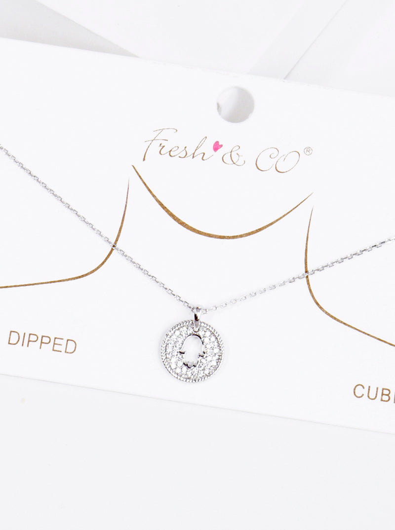 18K Gold Dipped CZ Pave Round Hamsa Pendant Necklace