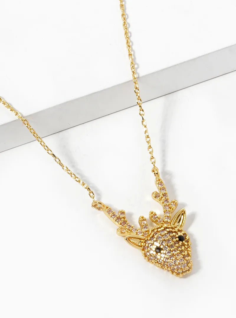 18K Gold Dipped CZ Pave Rudolph Pendant Christmas Necklace
