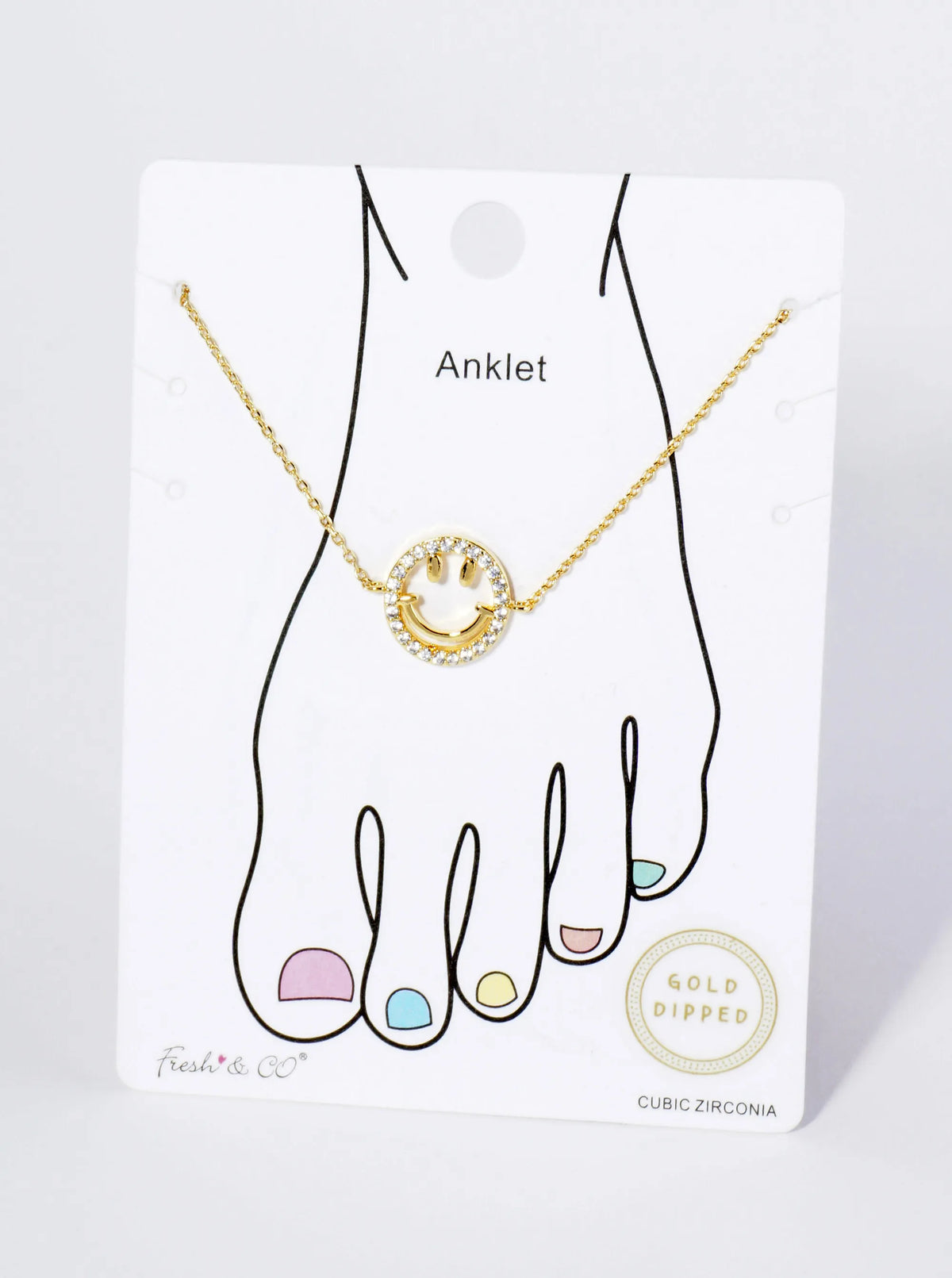 18K Gold Dipped CZ Pave Smiley Face Brass Chain Anklet