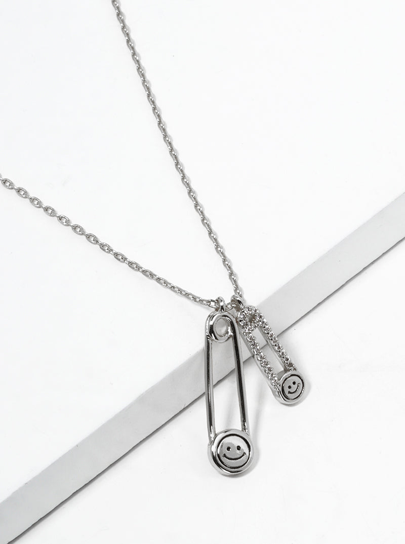 18K Gold Dipped CZ Pave Smiley Face Safety Pin Pendant Necklace