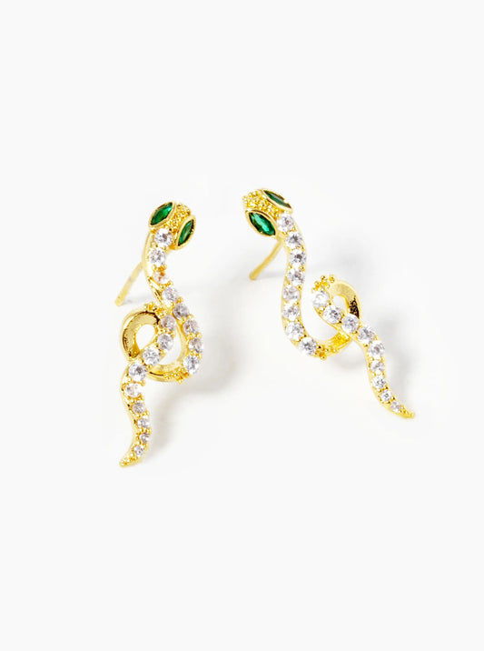 18K Gold Dipped CZ Pave Snake Stud Earrings