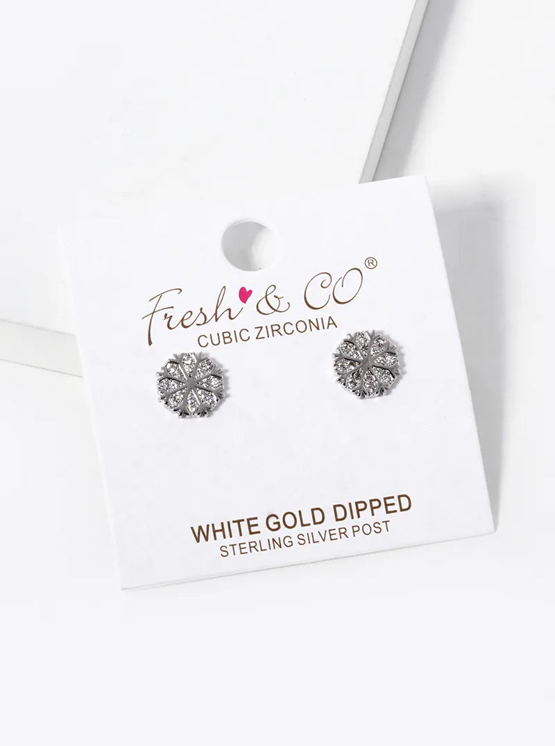 18K Gold Dipped CZ Pave Snowflake Stud Earrings