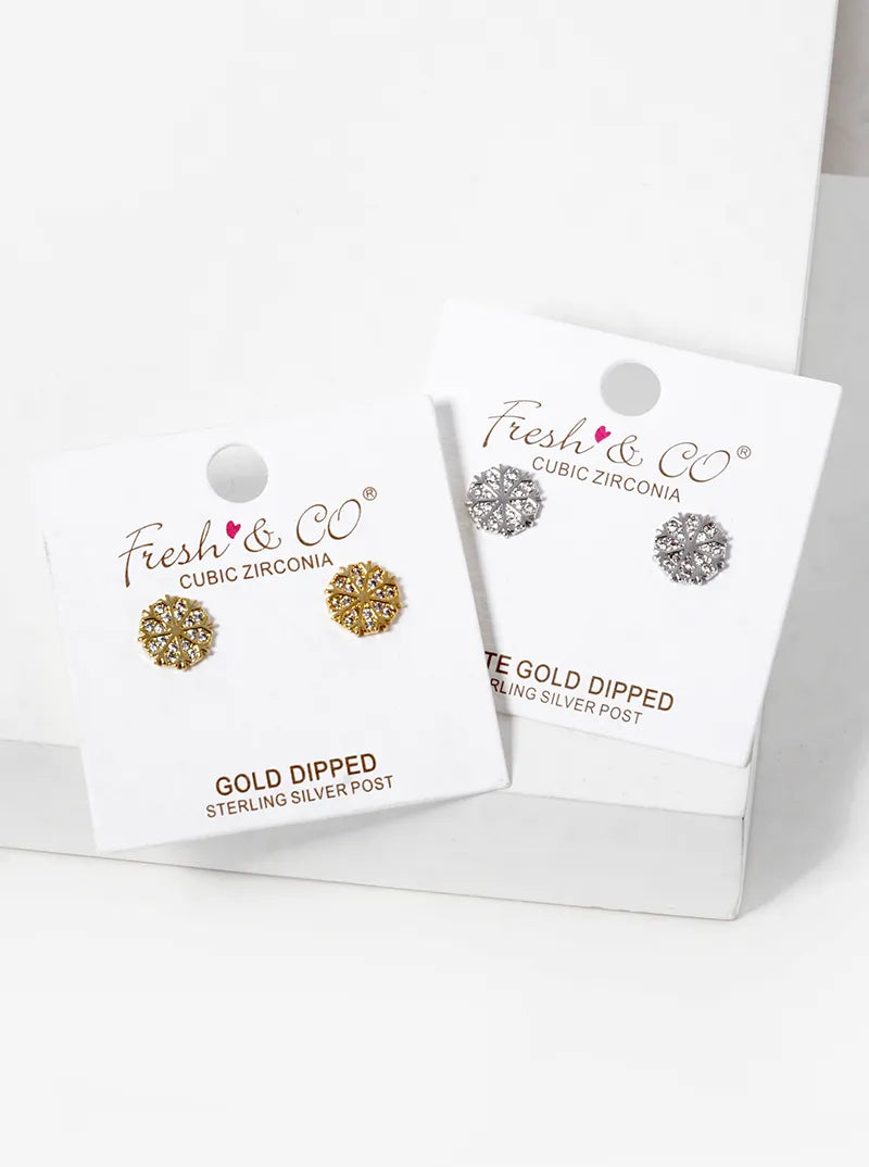 18K Gold Dipped CZ Pave Snowflake Stud Earrings