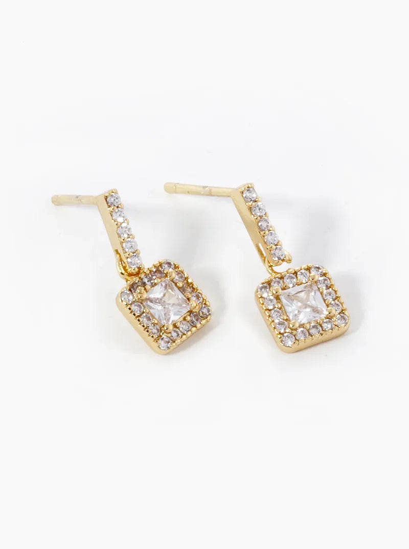 18K Gold Dipped CZ Pave Square Drop Dangle Post Earrings