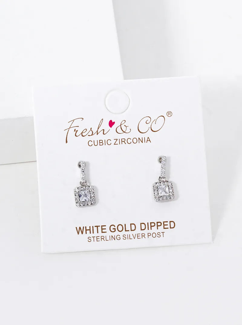 18K Gold Dipped CZ Pave Square Drop Dangle Post Earrings