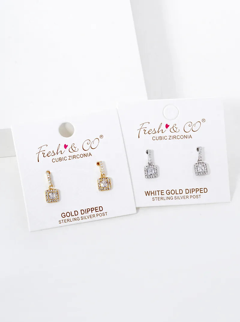 18K Gold Dipped CZ Pave Square Drop Dangle Post Earrings