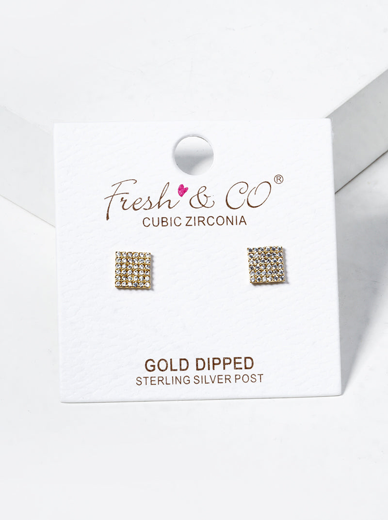 18K Gold Dipped CZ Pave Square Post Stud Earrings