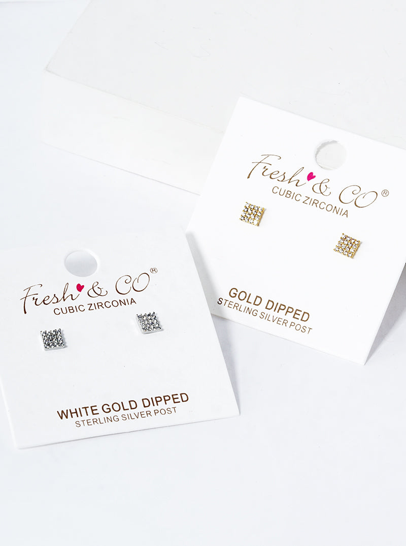 18K Gold Dipped CZ Pave Square Post Stud Earrings