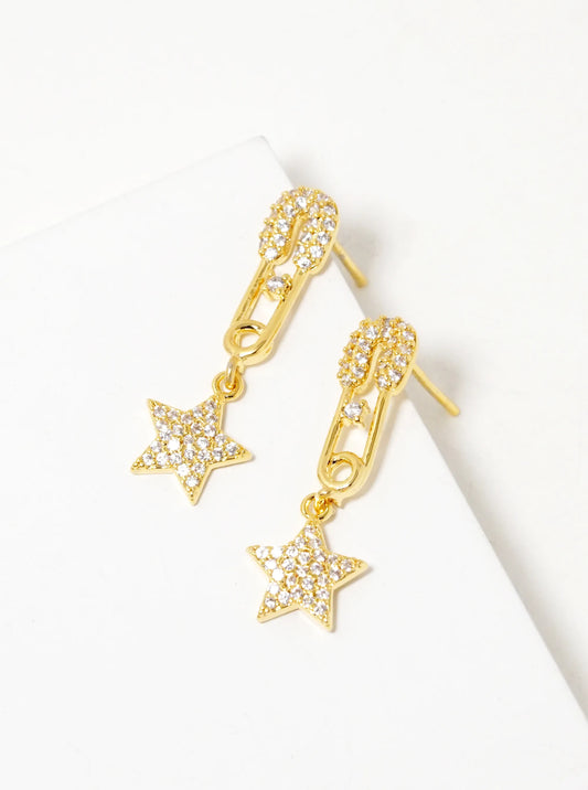 18K Gold Dipped CZ Pave Star Drop Safety Pin Stud Earrings