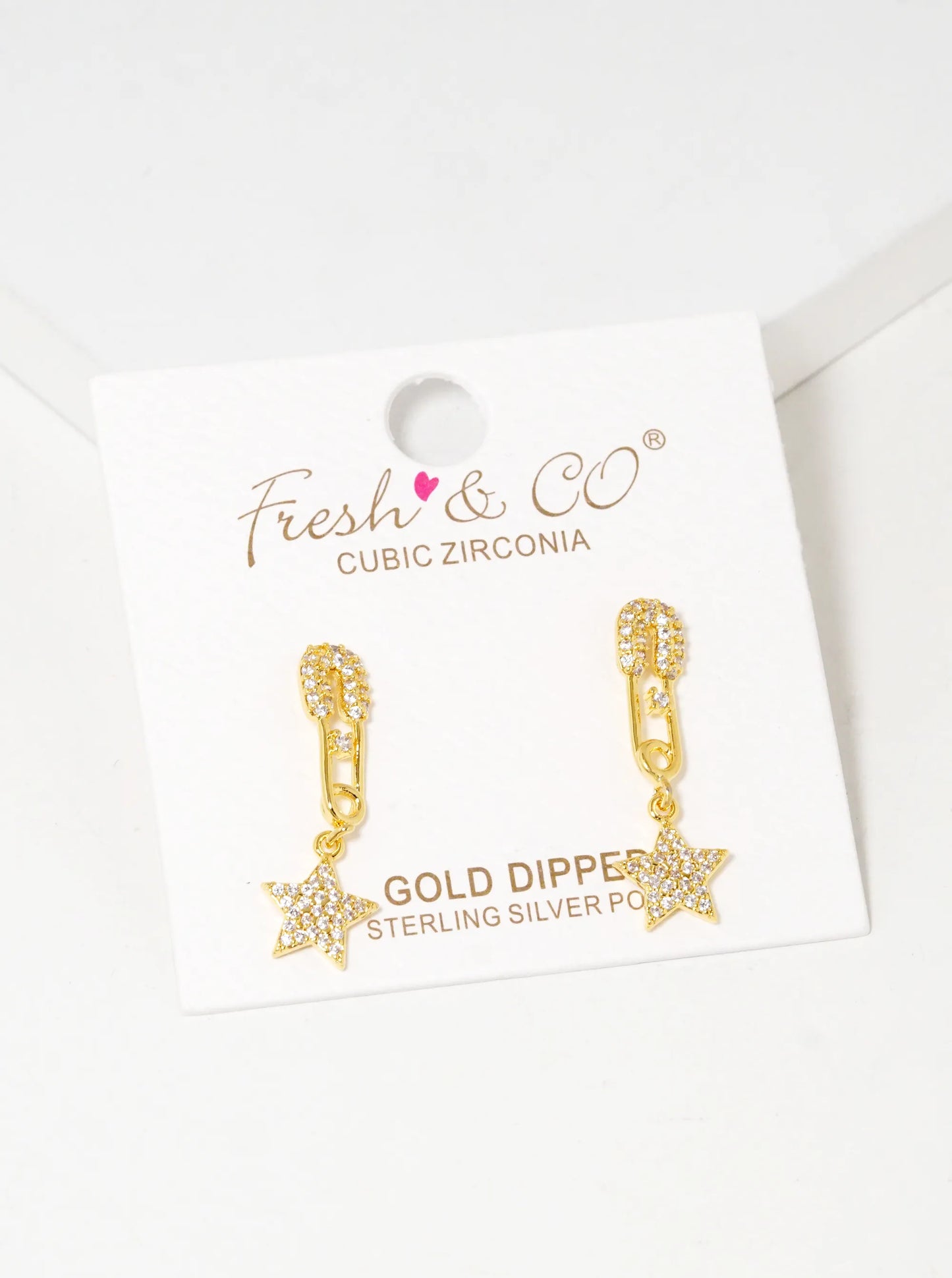 18K Gold Dipped CZ Pave Star Drop Safety Pin Stud Earrings