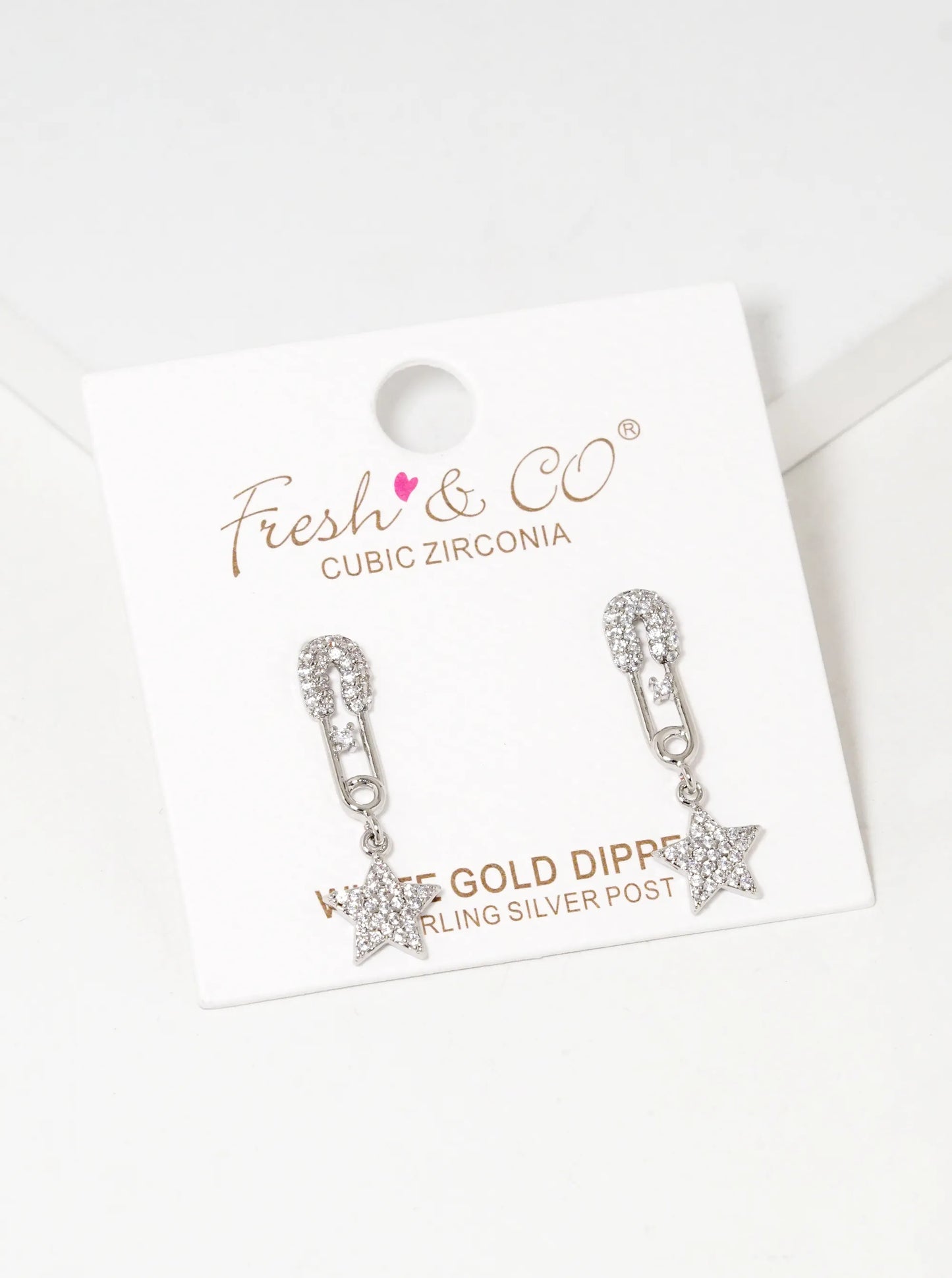 18K Gold Dipped CZ Pave Star Drop Safety Pin Stud Earrings