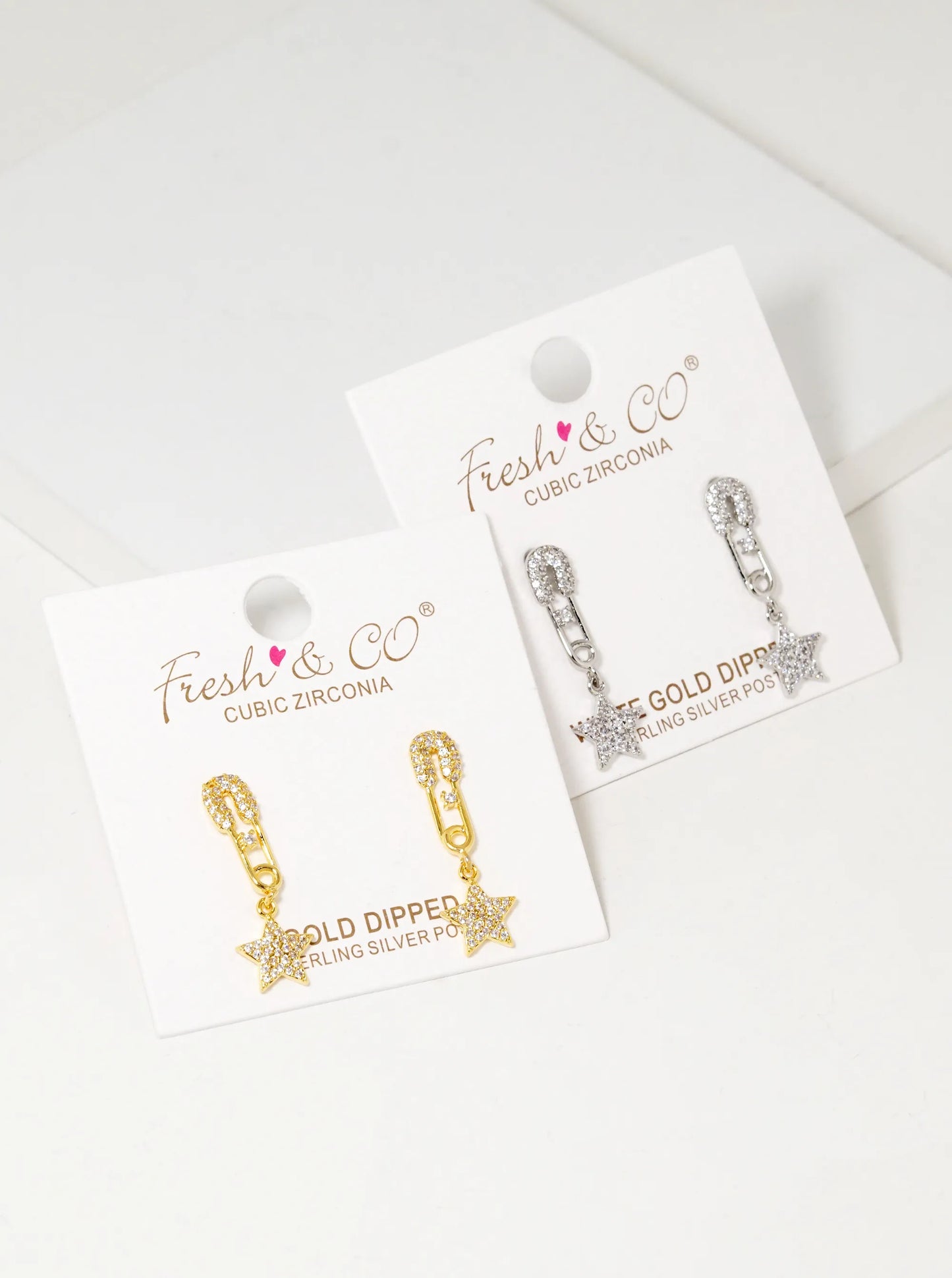 18K Gold Dipped CZ Pave Star Drop Safety Pin Stud Earrings