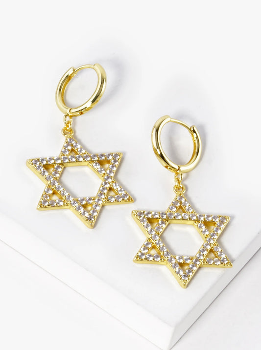 18K Gold Dipped CZ Pave Star Of David Drop 12mm Huggie Hoop Earrings