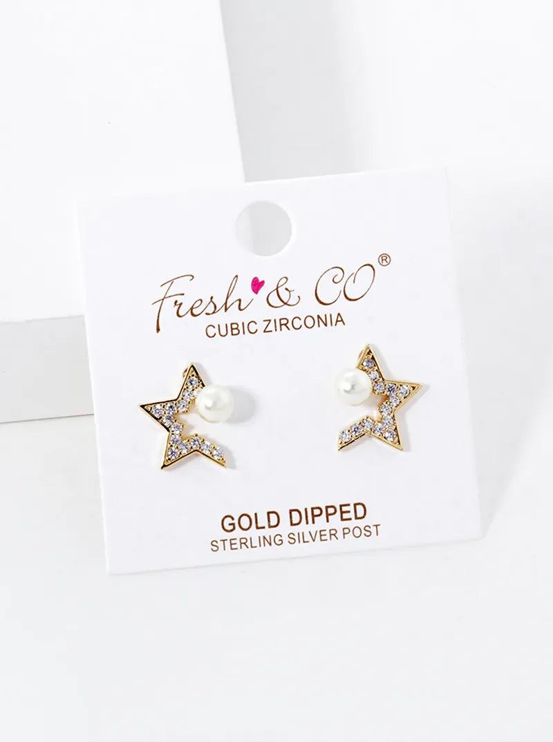 18K-Gold-Dipped CZ Pave Star With Pearl Stud Earrings