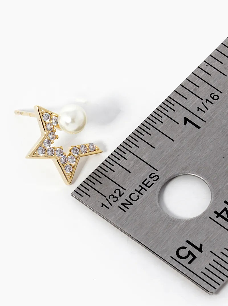 18K-Gold-Dipped CZ Pave Star With Pearl Stud Earrings