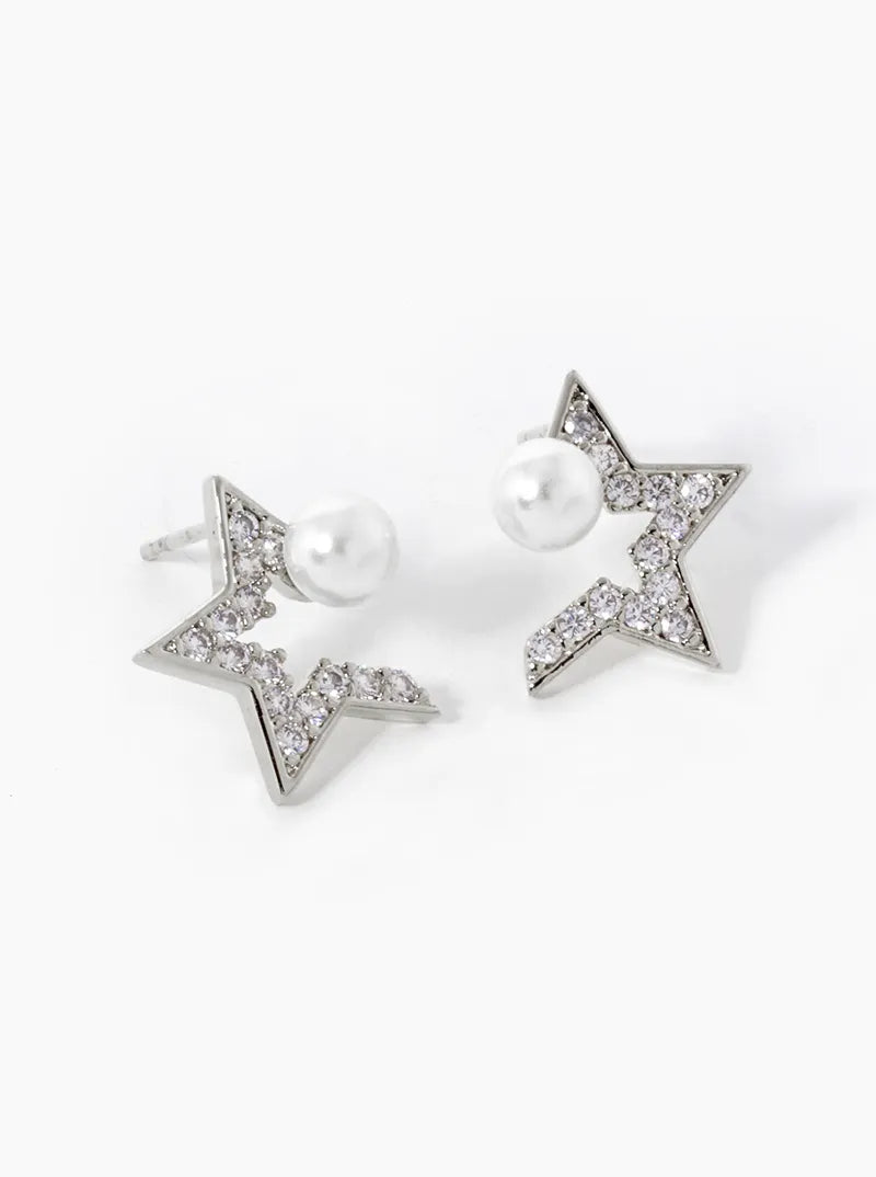 18K-Gold-Dipped CZ Pave Star With Pearl Stud Earrings